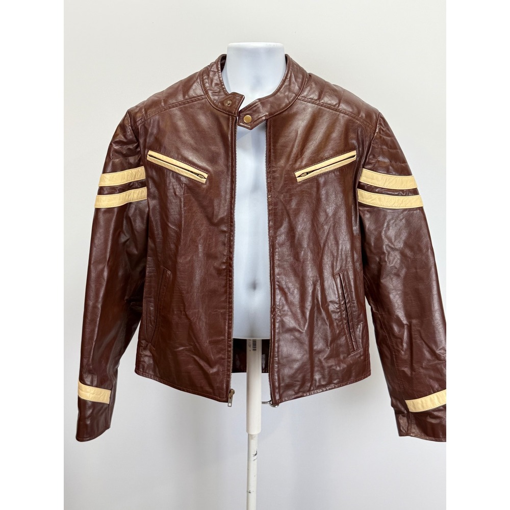 Wilsons Leather Brown Leather Motorcycle Stripe Jacket Cafe Racer Style Sz M